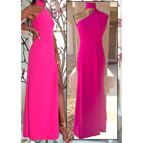 Lulus Hot Pink Asymmetrical Cutout Halter Keep It Interesting Maxi Dress Size M - Picture 2 of 12